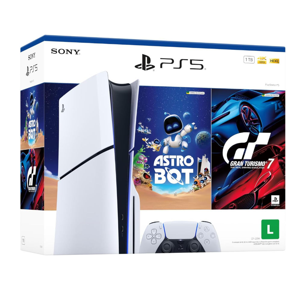 Console PlayStation 5 Slim Sony 1TB - 4K HDR, Leitor de Disco, 1 Controle DualSense Sem Fio + 2 Jogos Inclusos, Branco