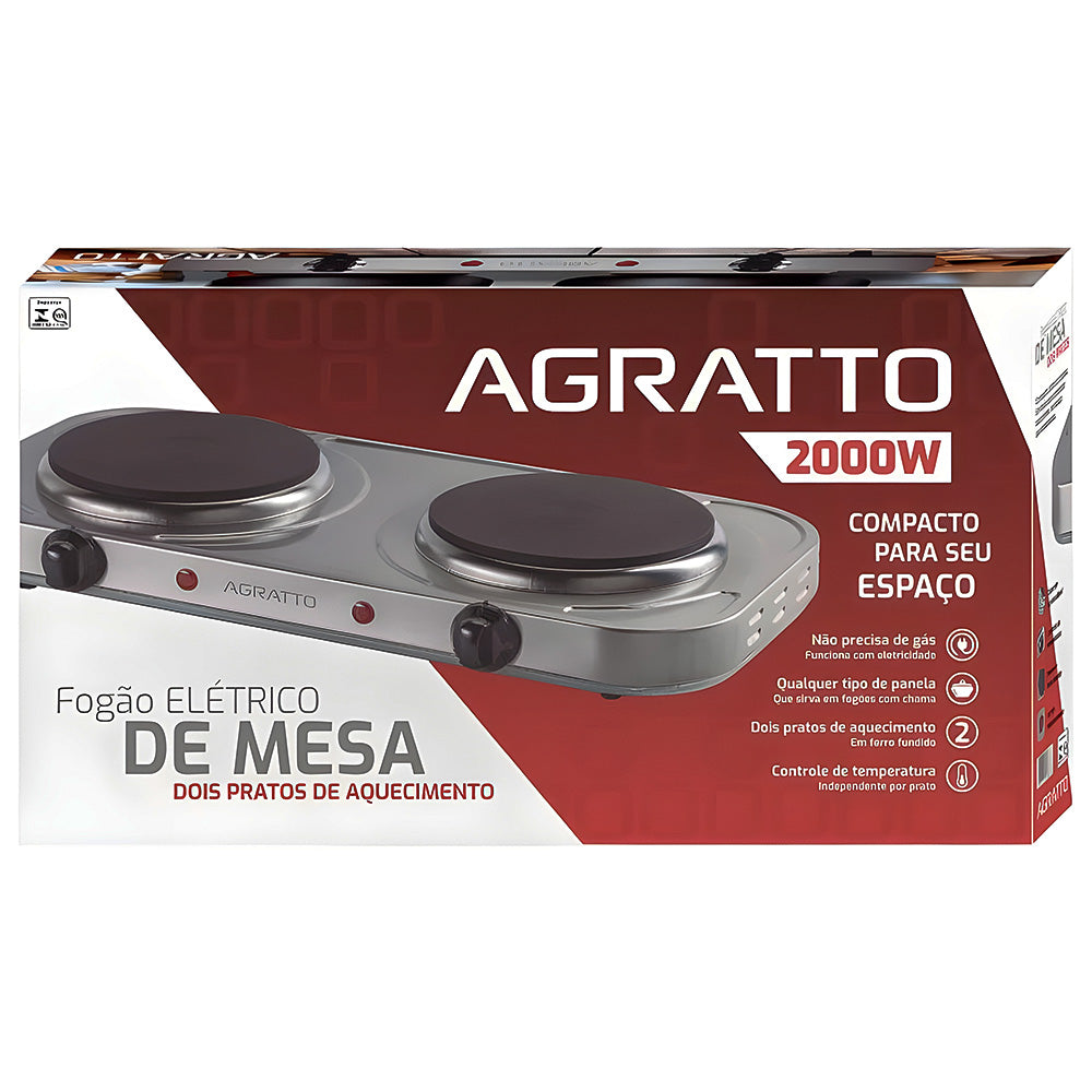 Fogão Elétrico Agratto De Mesa FM-02 Com 2 Bocas, 2000W - 220V