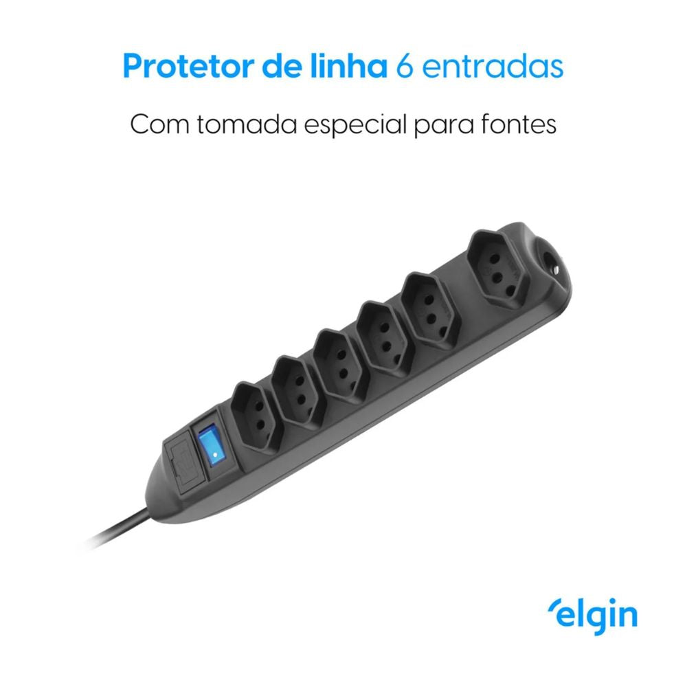 Protetor de Linha Elgin 6 Entradas 10A 2P + T, 110V/220V, Cabo 1,5 Metro, Preto (46RFL3060000)