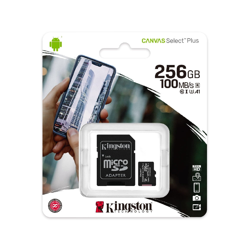 Cartão de Memória MicroSD Kingston Canvas Select Plus 256GB, Classe 10, UHS-I, Leitura 100MB/s, com Adaptador SD
