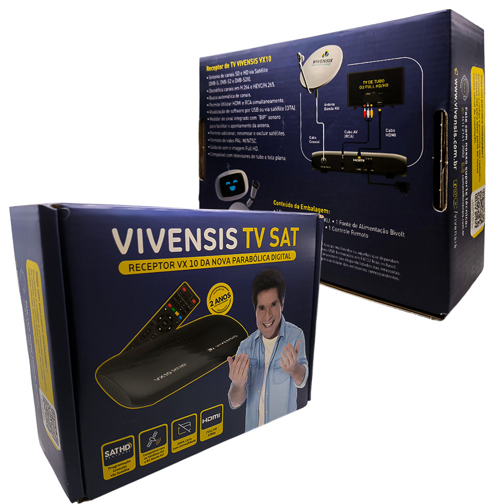 Receptor de TV Digital Vivensis, Full HD, Smart Via Satelite, VX10, Bivolt, Preto