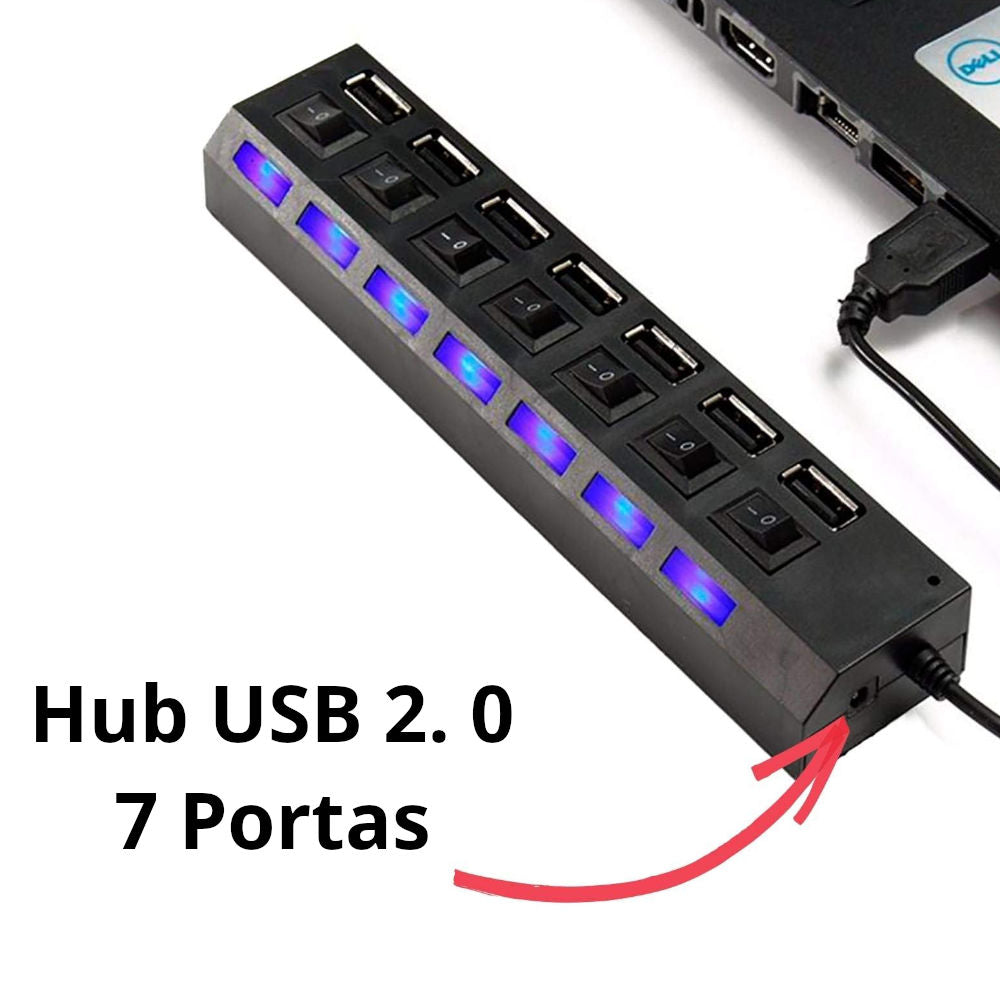 Hub USB 2.0 com 7 Portas, LED Indicador e Interruptores Individuais – Xtrad XT2067 Preto (Suporte até 500GB)