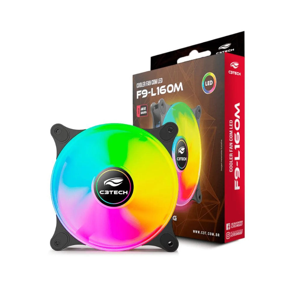 Cooler Fan F9‑L160BKM C3Tech 120 mm RGB Multicor, 9 lâminas, Rolamento Hidráulico, 1 200 RPM, Molex 4‑pinos