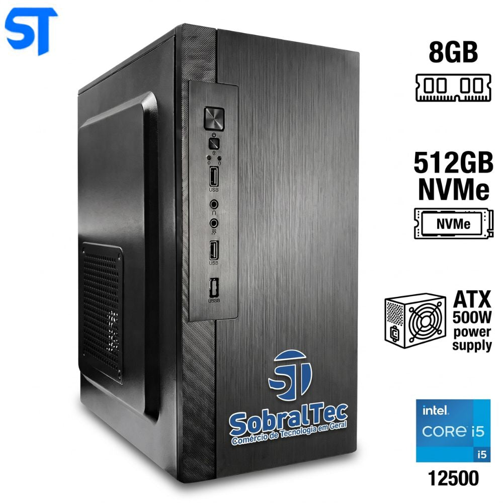 Computador Core  i5-12500, Memória RAM 8GB DDR4, NVME 512GB, Gabinete Office  e Fonte Real ATX 500W