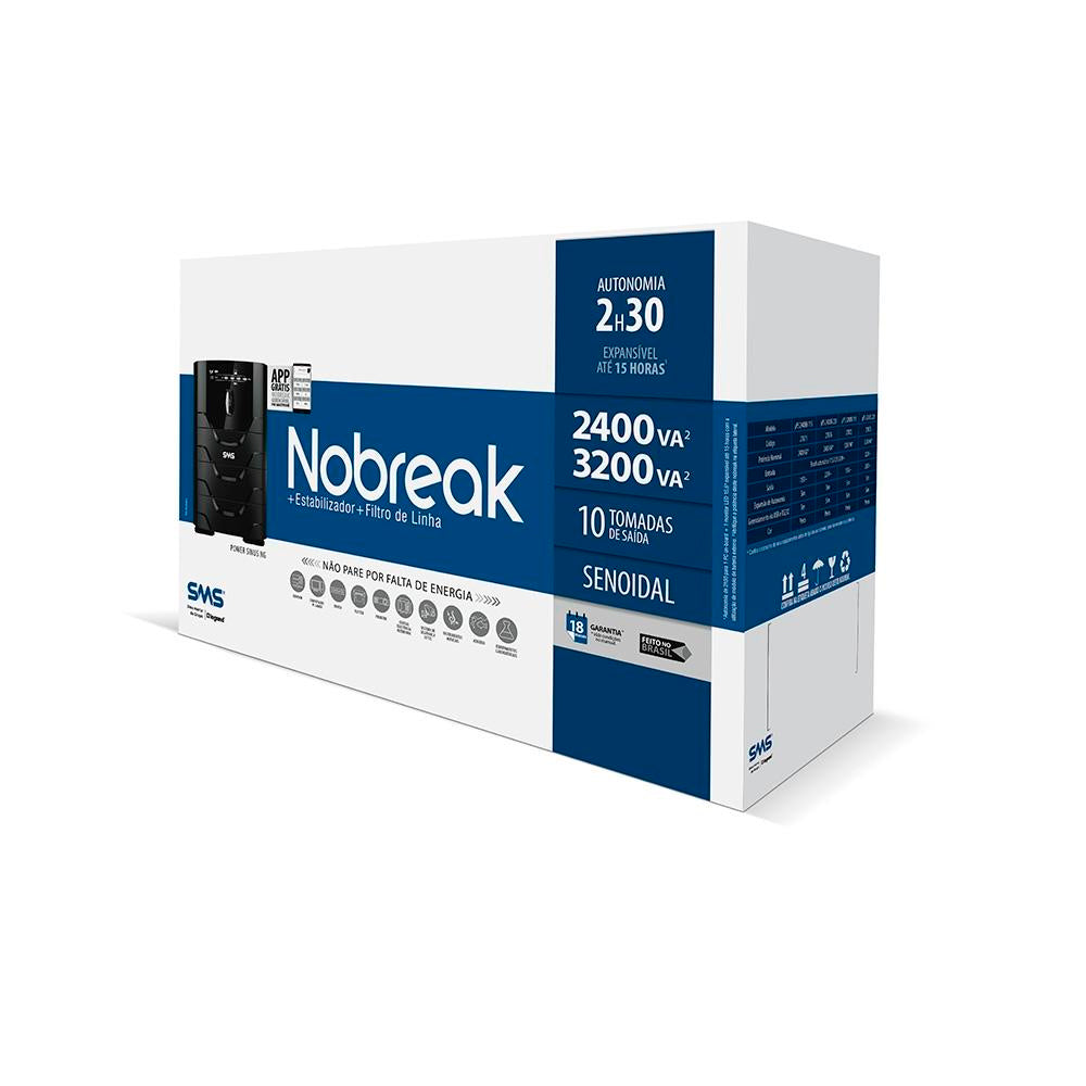 Nobreak Senoidal SMS Monovolt 3200VA Power Sinus NG, Entrada e Saida 220V, 6 Tomadas de 10A + 4 Tomadas de 20A