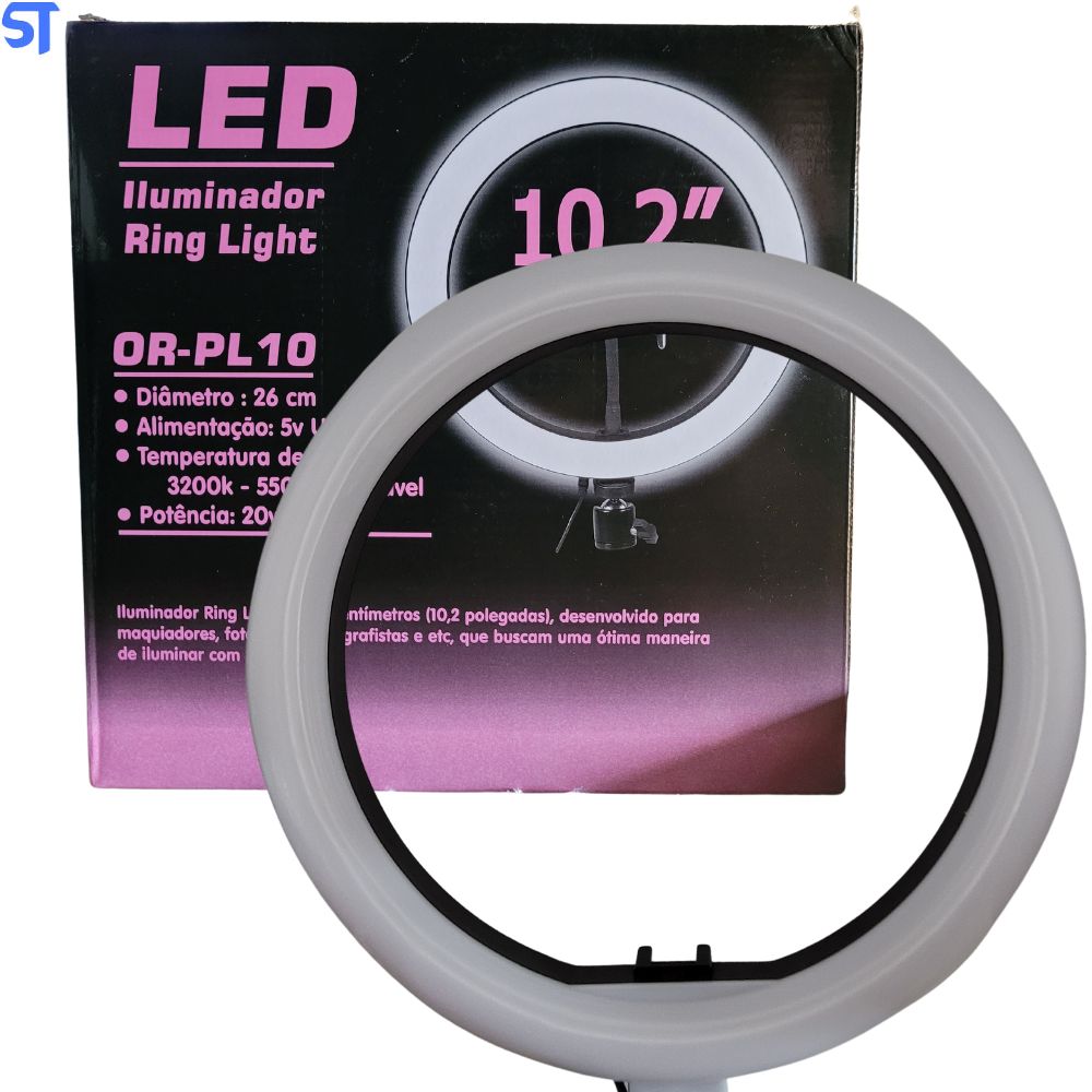 Kit Tripé Universal Knup 1,60m Ajuste de Altura Hastes em Alumínio KP-PL2616SC + Ring Light 10.2" 3200k á 5500k 26Cm 5V