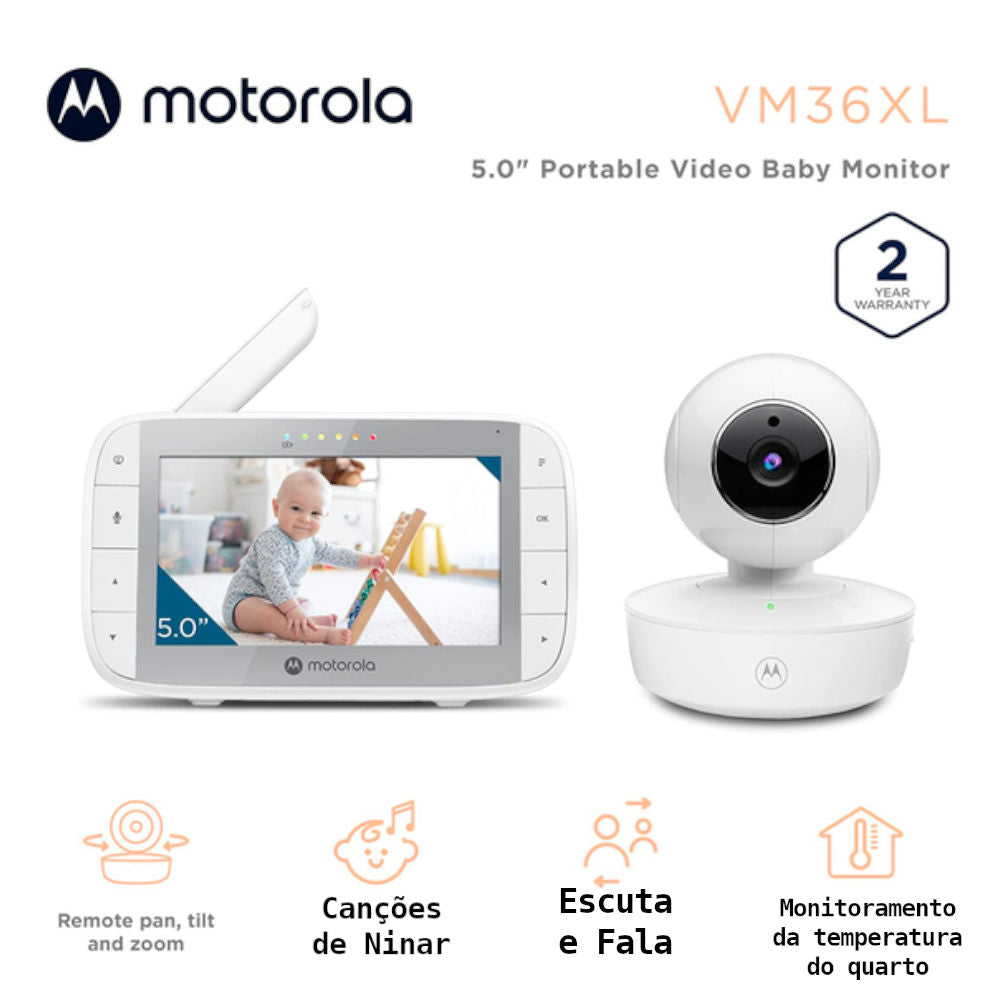 Babá Eletrônica Motorola Tela 5'' VM36XL Com vídeo portátil,  zoom à distância e panorâmico