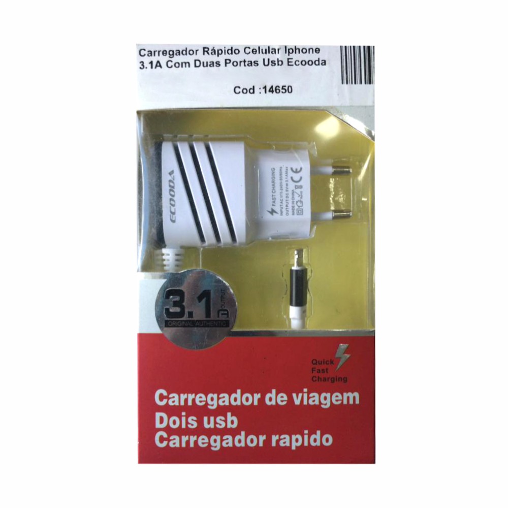 Carregador Rápido Celular Iphone 3.1A Com Duas Portas Usb Ecooda EC5235-5G
