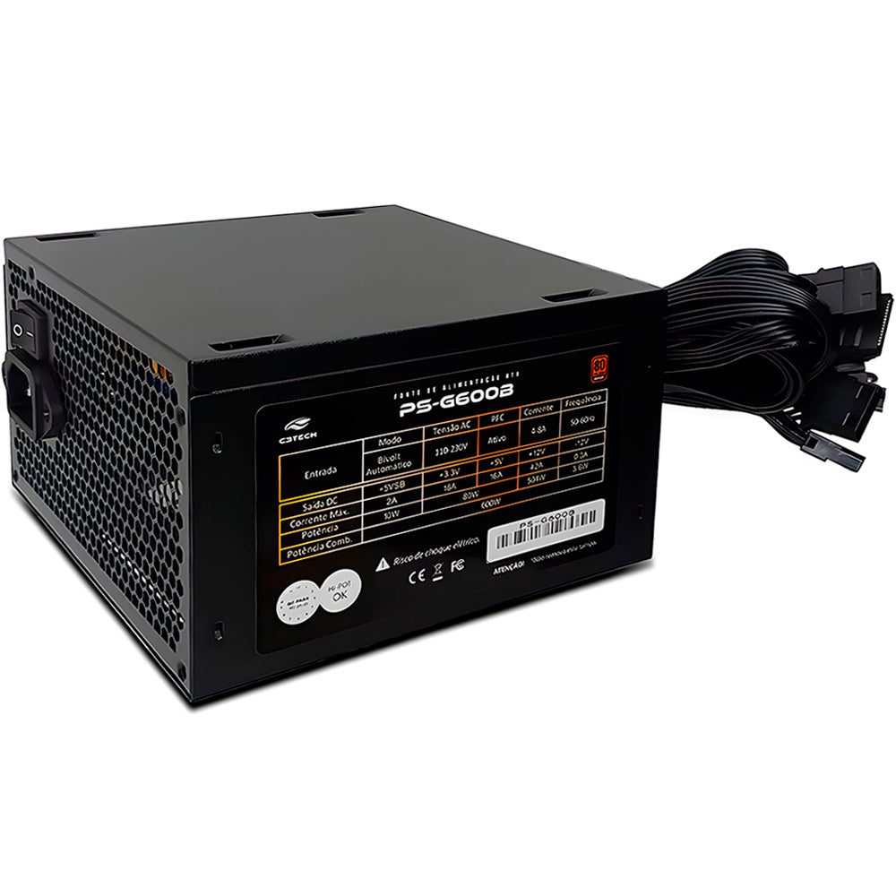 Fonte Gamer ATX 600W Real, PS-G600B, Selo 80 Plus Bronze, PFC Ativo, C3Tech