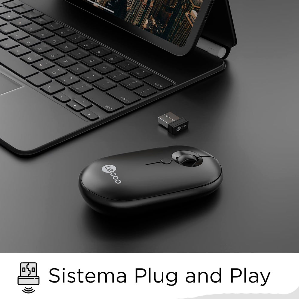 Mouse Óptico Sem Fio, Lenovo Lecoo, WS212, 1.600 DPI, 4 Botões, Preto