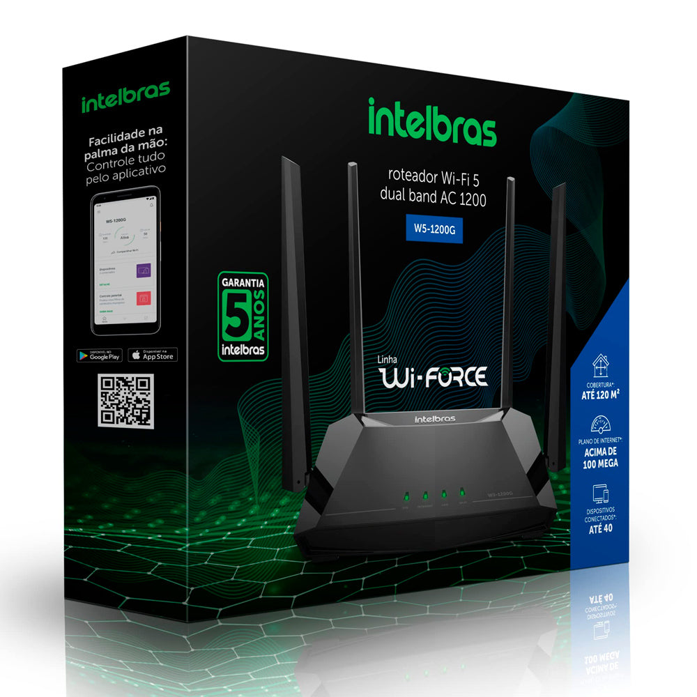 Roteador Wifi 5 Repetidor Wireless Intelbras Wi-Force W5-1200G Dual Band AC1200 Gigabit Plano Acima 100Mbps, Até 120m²