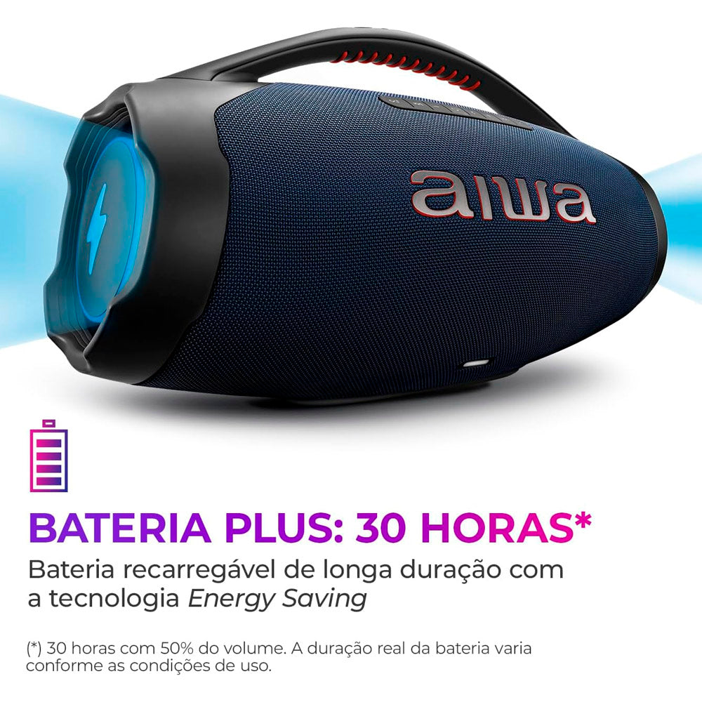 Caixa de Som Boombox Plus AIWA BBS-01-LBL , USB RGB, 200W RMS, IP66 Com Alça, 30h de Bateria, Bluetooth 5.3,TWS