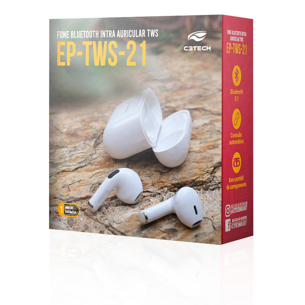 Fone de Ouvido C3Tech Sem Fio Bluetooth 5.1 EP-TWS-21WH, Branco