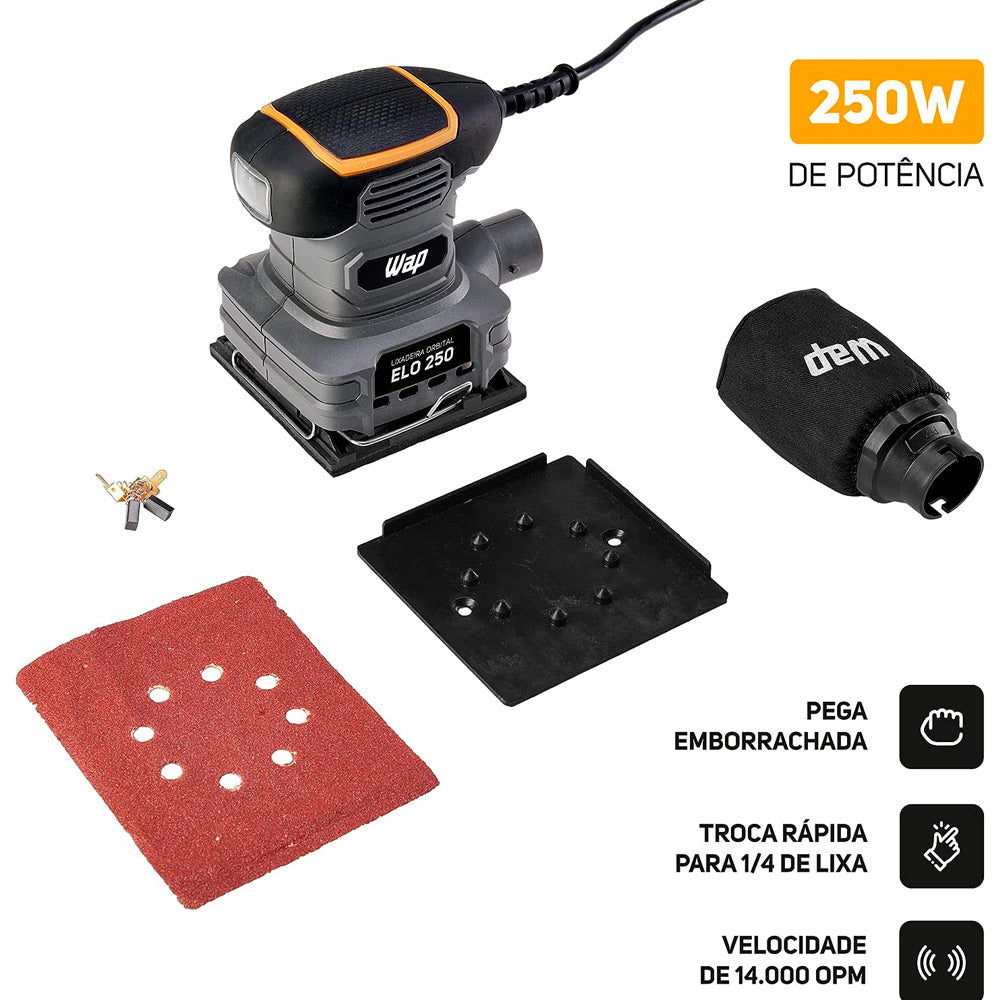 Lixadeira Orbital WAP Elo 250 Ergonômica Coletor De Pó Com 1400 Orbitas Por Minuto 250W 220V