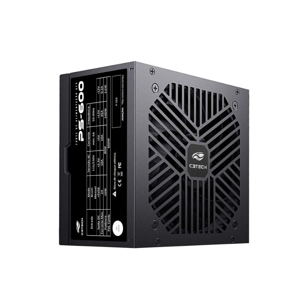 Fonte ATX Gamer C3Tech PS-600BK 600W Real, Bivolt, Ventoinha Silenciosa, Proteções OVP/UVP/SCP