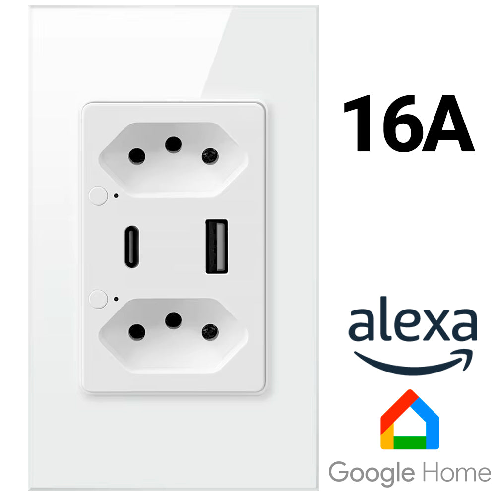 Tomada Dupla Inteligente, Zigbee, 3 Pinos, Uma Entrada USB e Uma USB-C, 16A, Compatível Com Alexa e Google Home, Branco