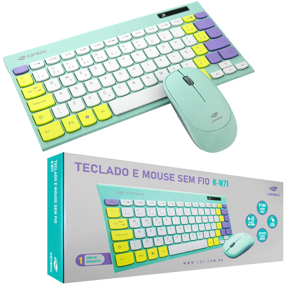 Kit Teclado e Mouse C3Tech, Sem Fio, 2,4GHz USB Nano, K-W71GN - Verde