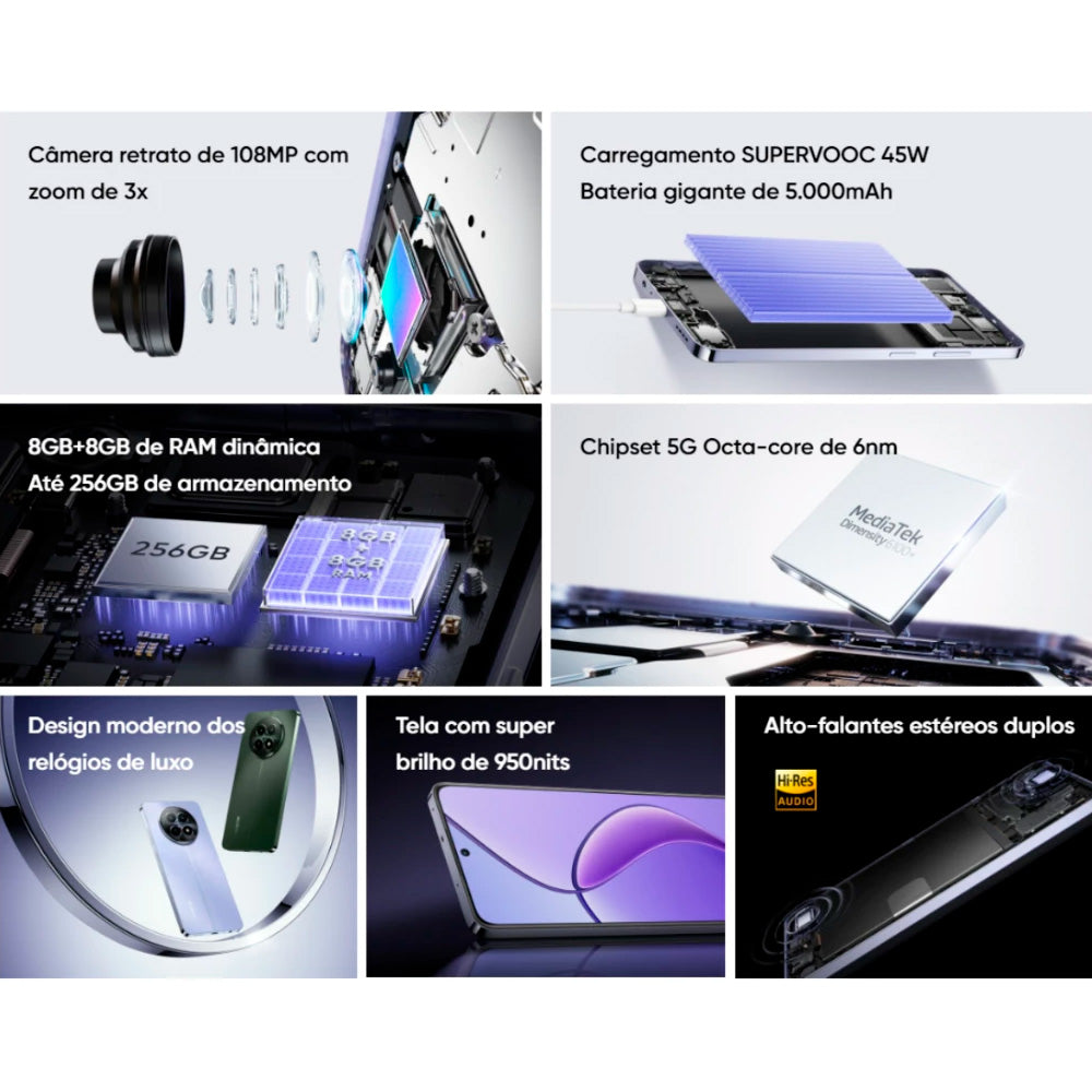 Smartphone Realme 12 Dual Sim, 5G, 8GB RAM, 256GB Armazenamento, Tela 6.72", Android 14 -Roxo Crepúsculo