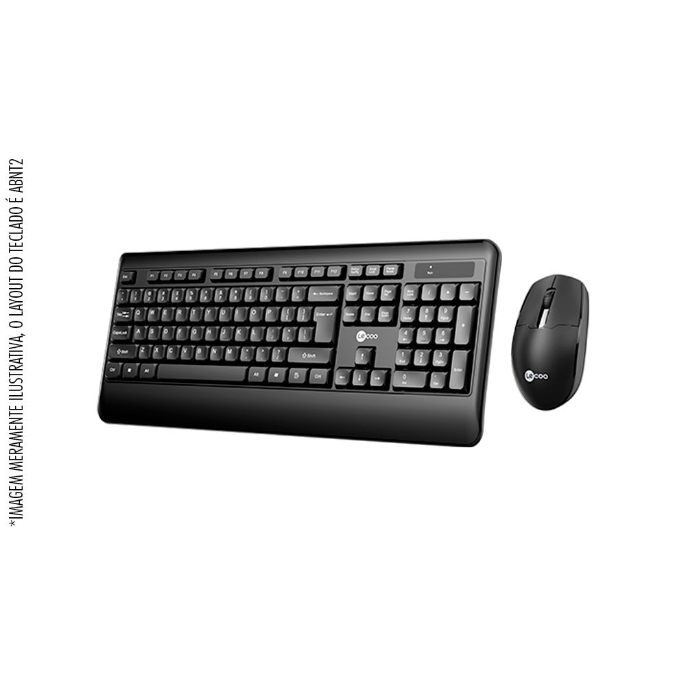 Kit Teclado Membrana, Padrão ABNT2 e Mouse Sem Fio 1.200 DPI Lecoo KW202 - Preto
