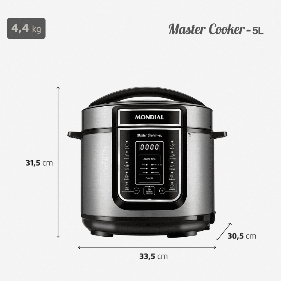 Panela de Pressão Elétrica Digital Mondial Master Cooker 5L, 220V, 900W,Com 14 Funções Pré-Progamadas, PE-38 (Preto)
