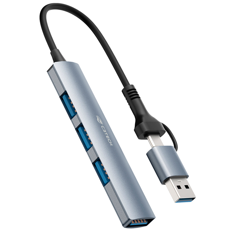 HUB USB 3.0, Com 4 Portas USB, HU-C500GY, C3Tech, Cabo 15cm, Cinza