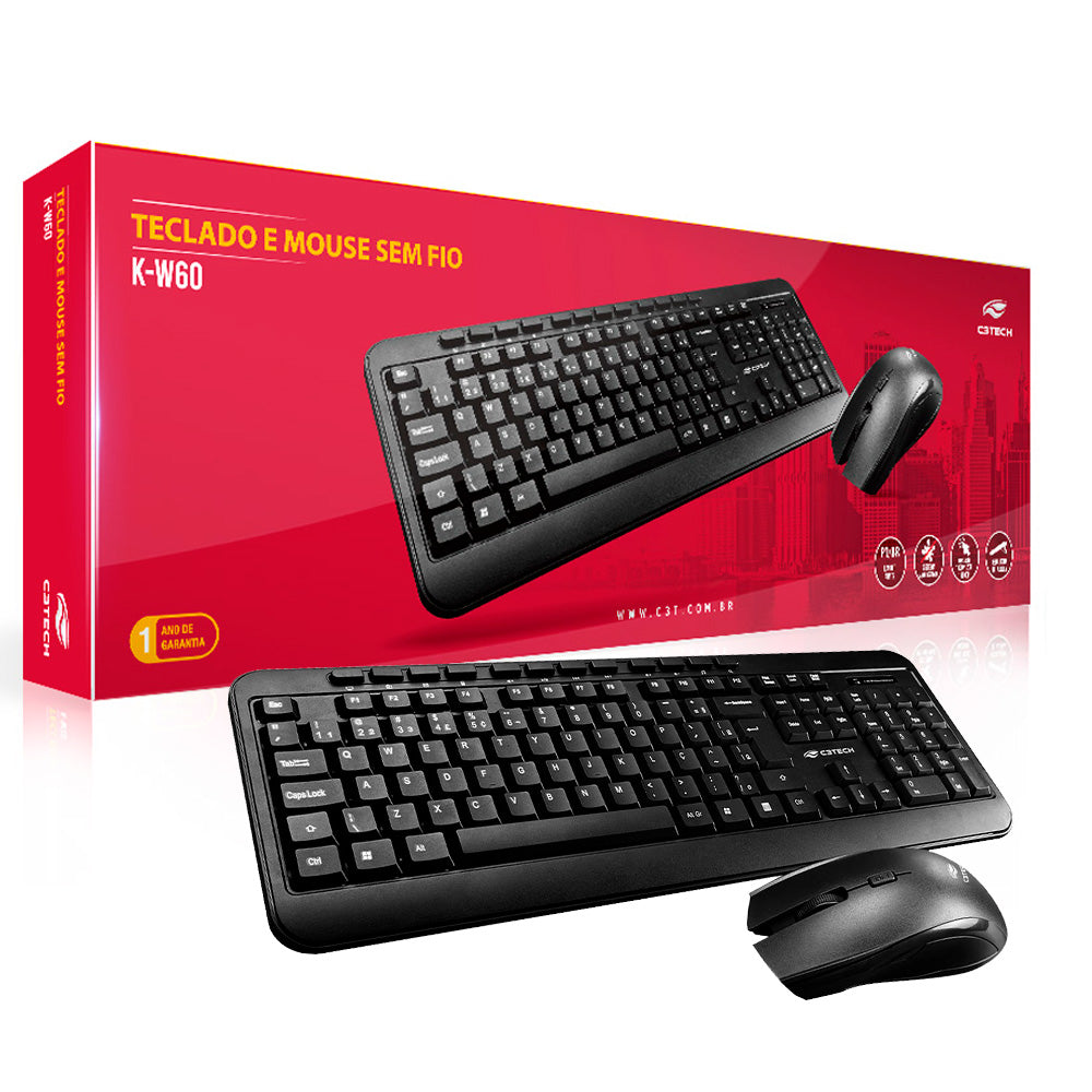 Kit Teclado e Mouse Sem Fio, K-W60BK, Multimídia, Teclado Membrana, Mouse 1.600 DPI, C3Tech, Preto