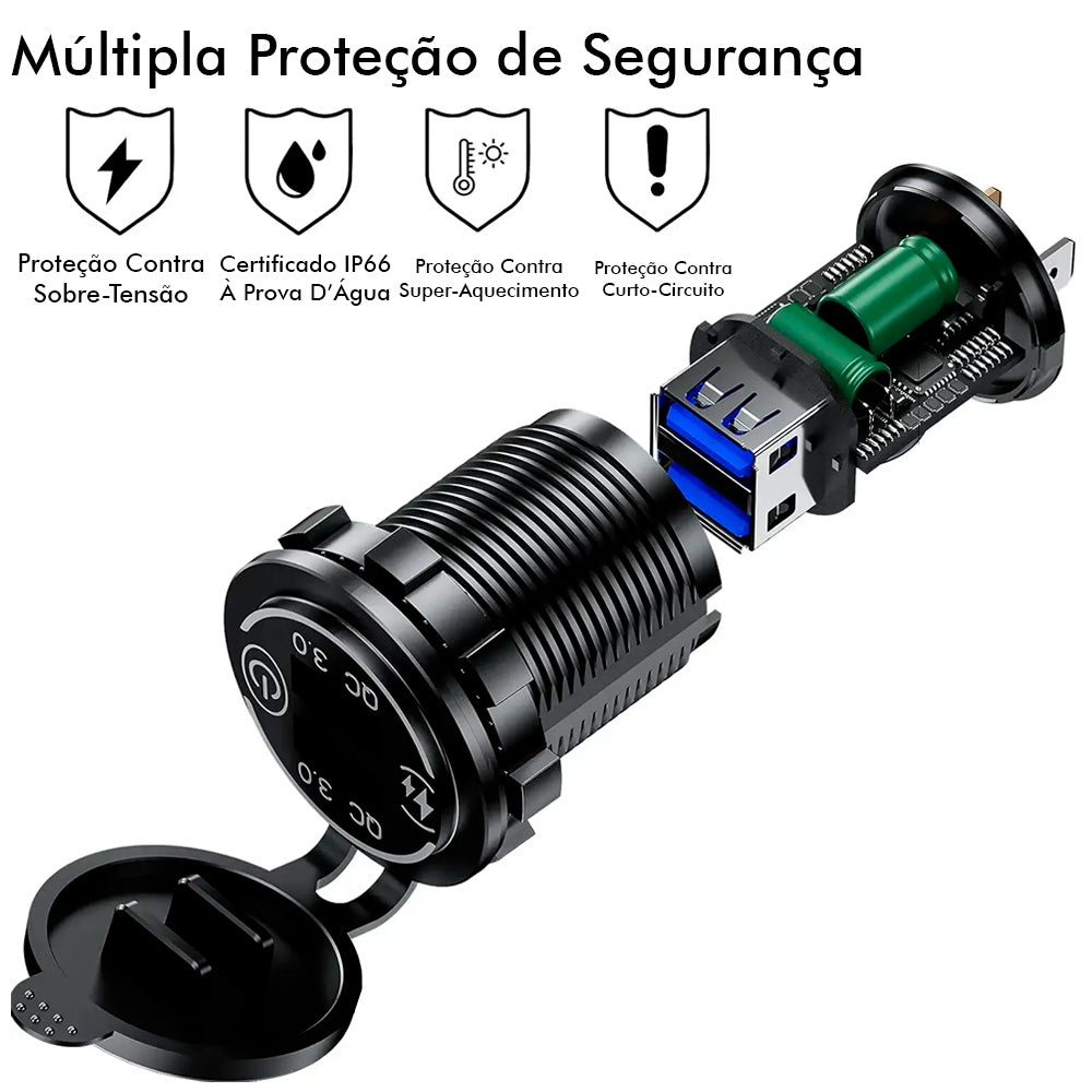Carregador Veicular Com Duas Entradas USB (QC) 3.0, Luz Led Verde - Preto