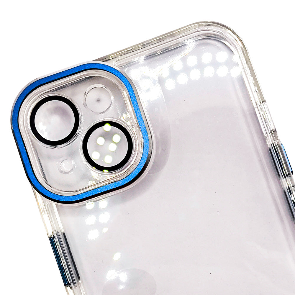 Capa Para iPhone 14, Transparente, Com Proteção de Câmera, Acabamento em Acrílico, Detalhes em Azul, BGM