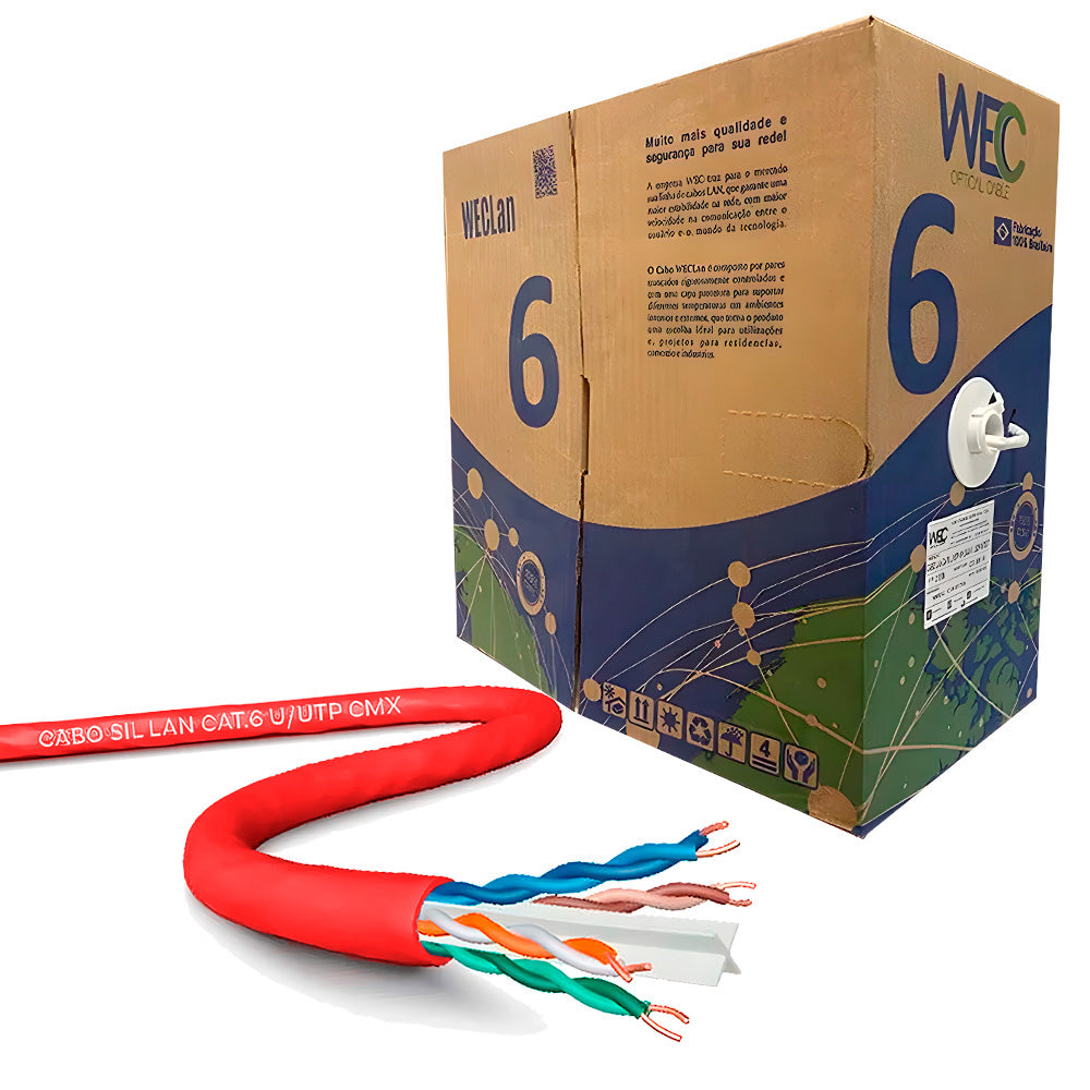 Caixa de Cabo de Rede LAN 4PX24AWG CAT6 UTP -100% Cobre Wec 305 Metros, CM INT - Vermelho