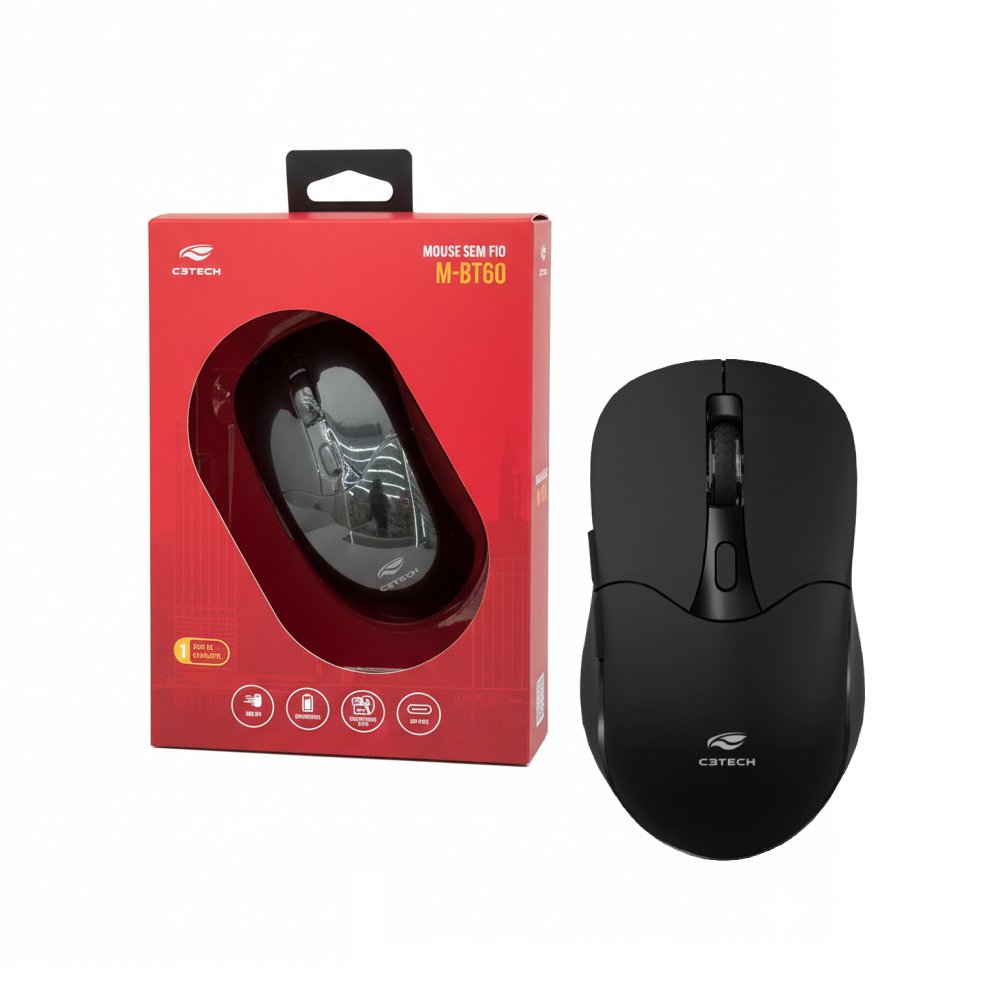 Mouse Sem Fio M‑BT60BK C3Tech Duplo Modo (BT + Nano) 800‑1600 DPI, 6 Botões, Recarregável USB‑C - Preto
