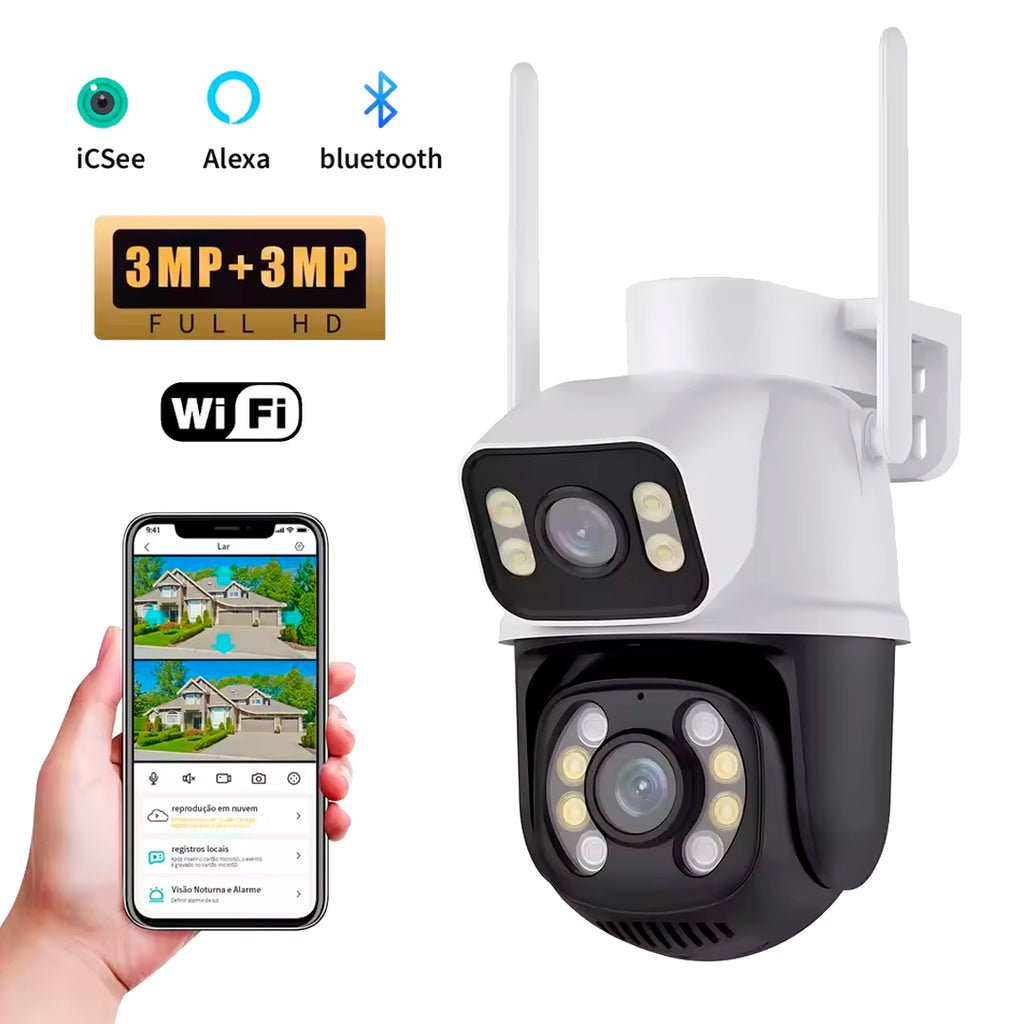 Câmera de Segurança Lente Dupla, Giratória, Wi-Fi, Visão Noturna, Sensor IR, Aúdio Bidirecional, Aplicativo ICSEE, A-28