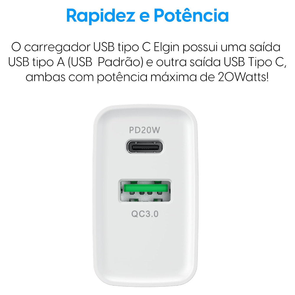 Carregador USB Elgin 2 Saídas, 1xUSB-A e 1xUSB-C, 20W, 46RCT2USBTPC, Branco