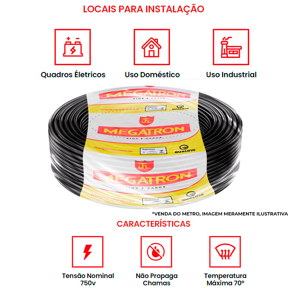 Metro de Cabo Flexível Fio Elétrico Megatron 6MM 750V - Preto