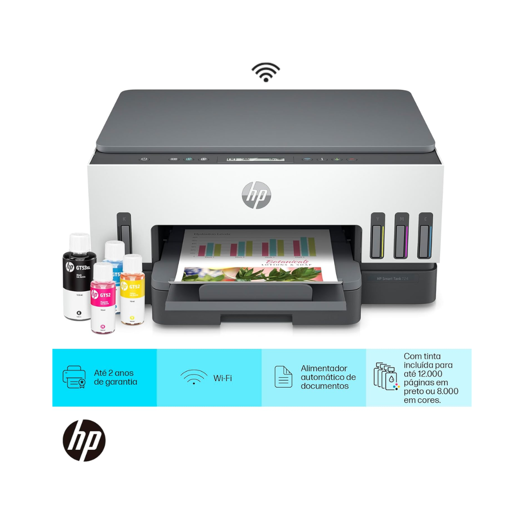 Impressora Multifuncional HP Smart Tank 724, Colorida, USB, Wi-fi, Bluetooth (2G9Q2A)  - Bivolt