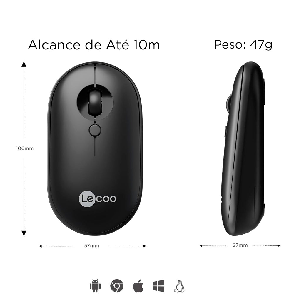 Mouse Óptico Sem Fio, Lenovo Lecoo, WS212, 1.600 DPI, 4 Botões, Preto