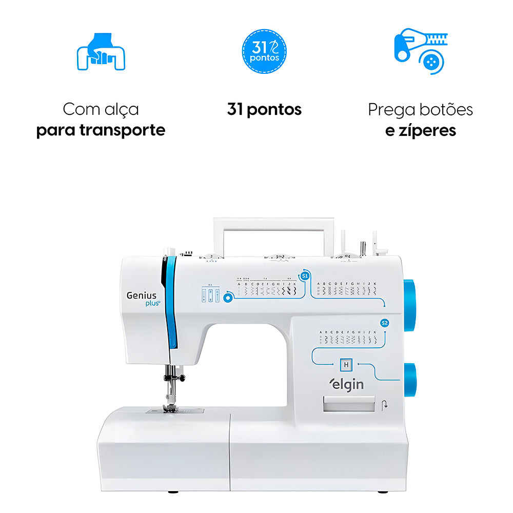 Máquina de Costura Portátil Elgin Genius Plus JX-4035-2 Branca e Azul, 220V