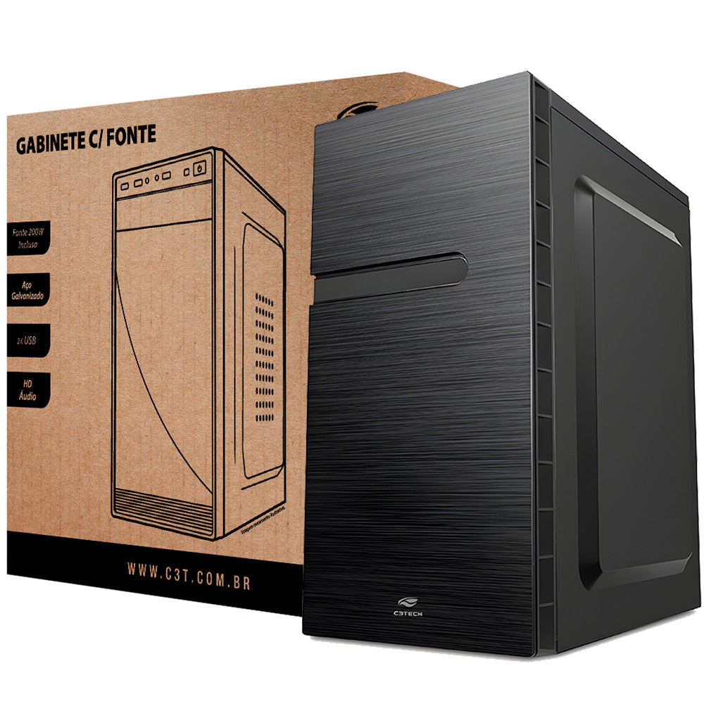 Gabinete Micro-ATX MT-35BK C3Tech com Fonte 200w Mid Tower, Frontal Com 2 USB, Preto