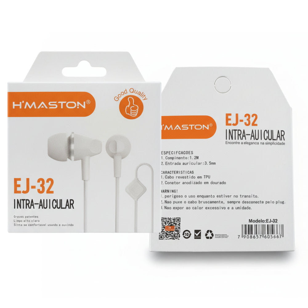 Fone De Ouvido EJ-32, Intra Auricular 3.5mm, Cabo em TPU Revestido, Cabo 1.2 Metros, H'maston, Branco