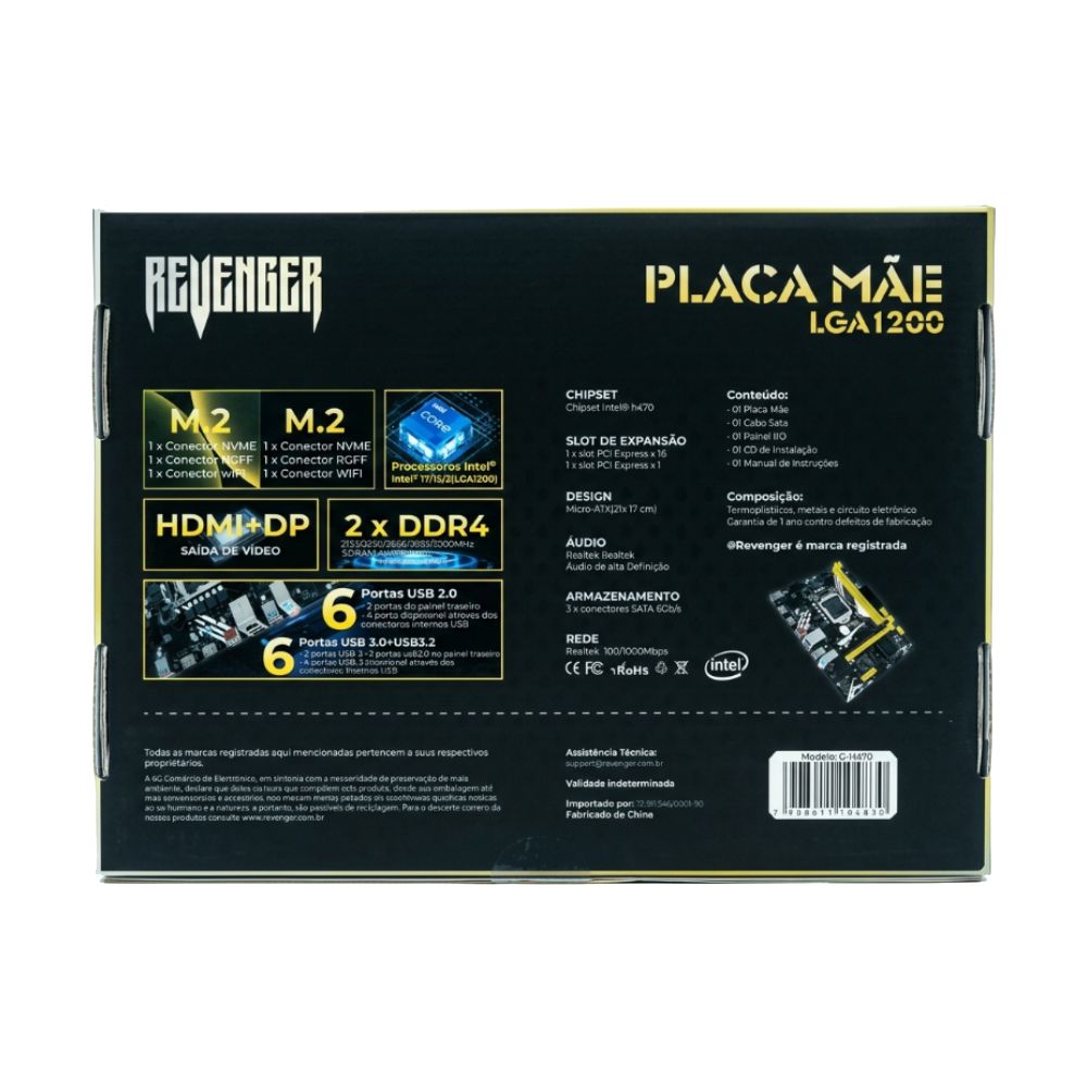 Placa Mãe Revenger G-H470 LGA 1200 DDR4 Intel 10/11a Geração i7/i5/i3, HDMI