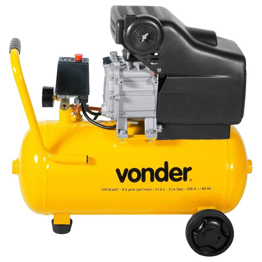 Motocompressor de Ar Vonder 220V, 60Hz, 21.6L Com Alças, Rodas, Interruptor Liga/Desliga e Manômetro