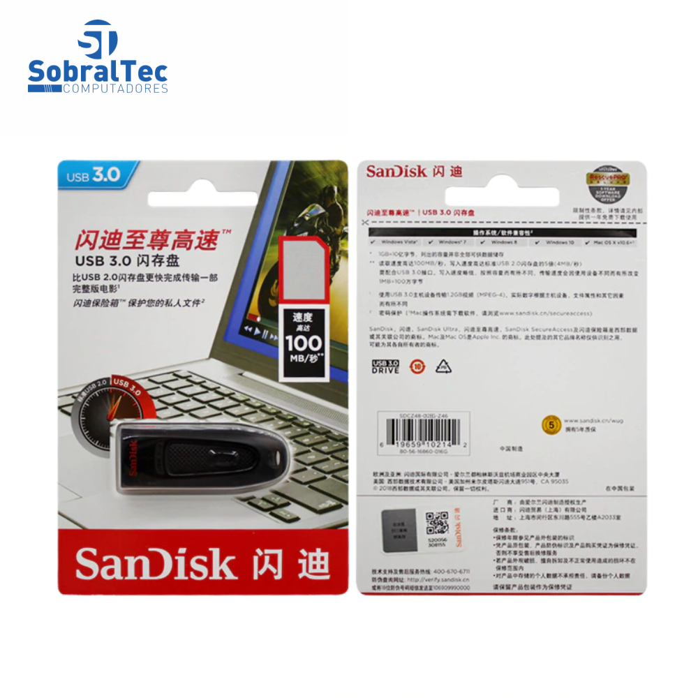 Pen Drive 32GB USB 3.0 Ultra Rápido Flash Stick Original SanDisk CZ35