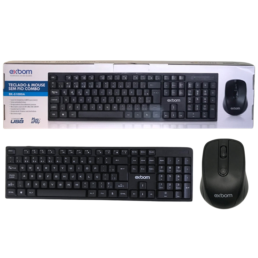 Teclado e Mouse Sem Fio Wireless ABNT II 2.4Ghz Multimídia Exbom BK-S1000A-04273 Preto