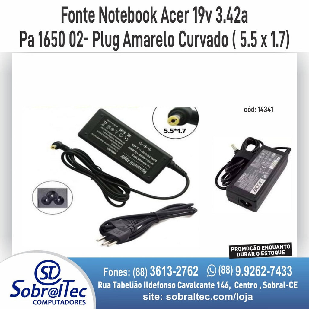 Fonte Notebook Acer 19v 3.42a Pa 1650 02- Plug Amarelo Curvado ( 5.5 x 1.7)