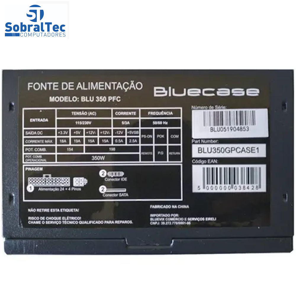 Fonte de Alimentaçao 350W PFC Ativo Com Cabo Com caixa (Blu350pfc) - Bluecase