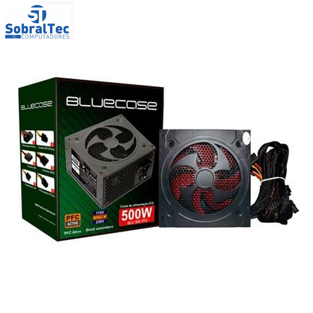 Fonte de Alimentação 500w PFC Ativo Com Cabo Com Caixa (blu500pfc) - Bluecase