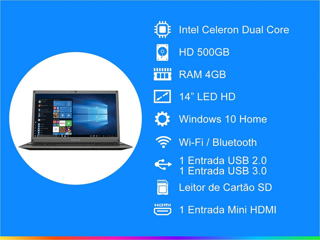 Notebook Positivo Master N1240 Intel Celeron Ram 4GB HD 500GB Tela 14