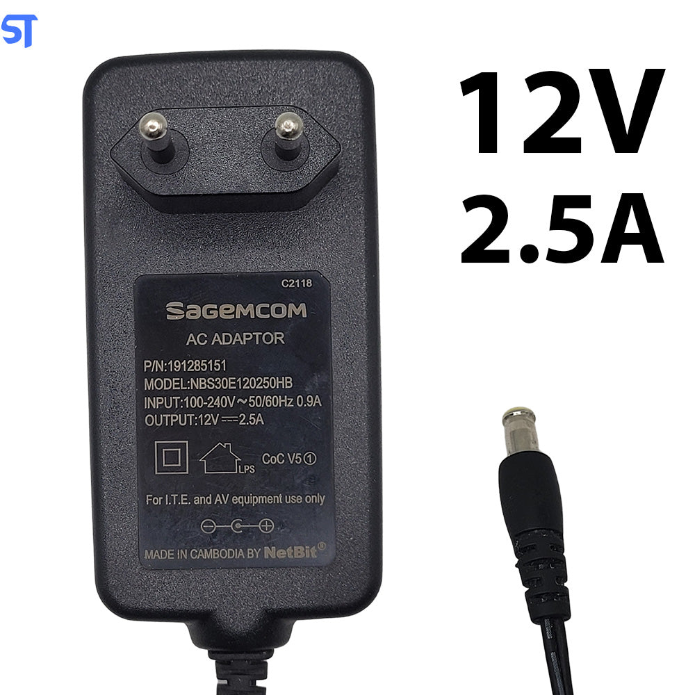 Fonte de Alimentação Sagemcom 12v 2.5a Pino 5.5 x 3.5mm Modelo NBS30E120250HB