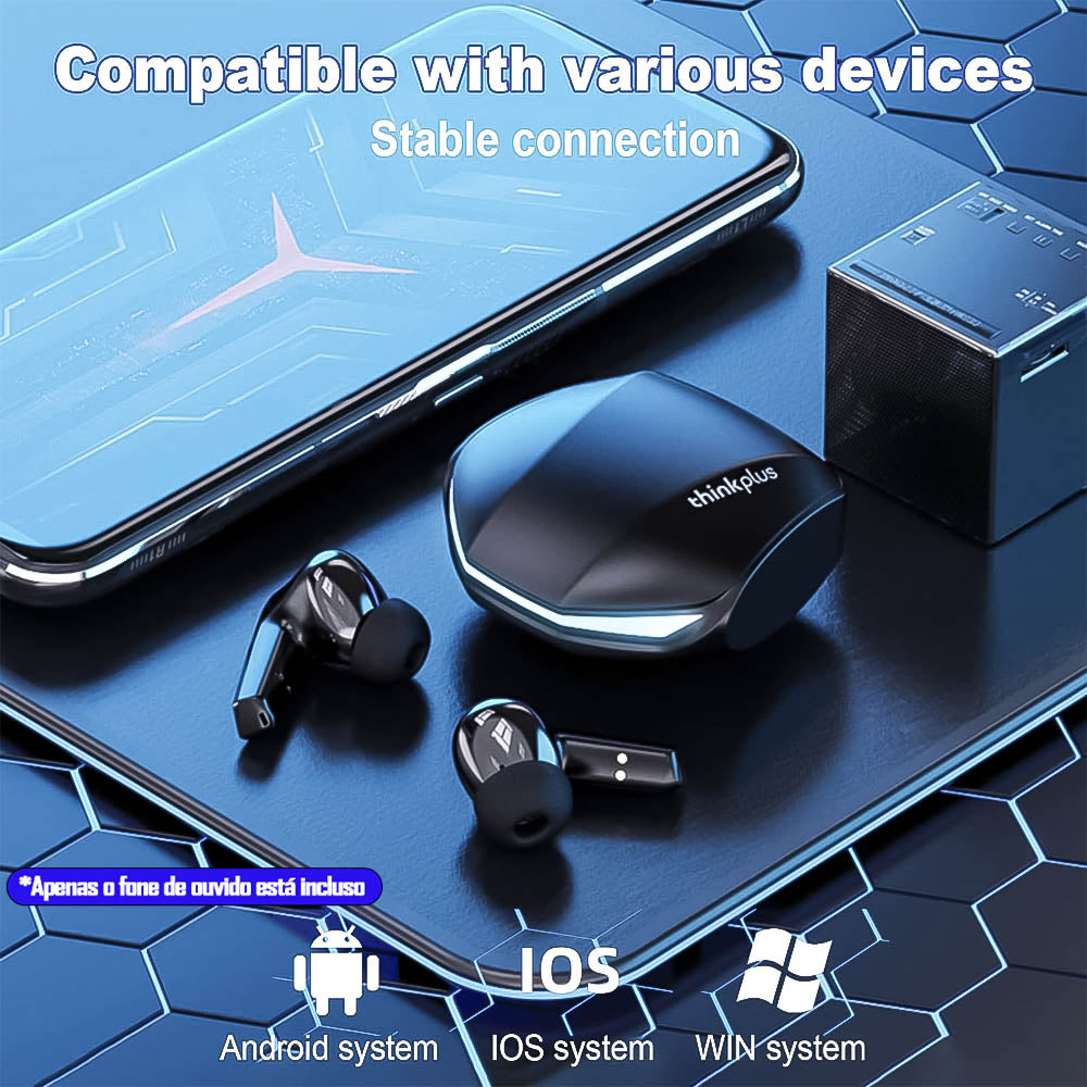 Fones de Ouvido Bluetooth 5.3 Gamer Lenovo Tinkplus GM2 Pro 360° Surround Modo Duplo com Cancelamento de Ruído - Preto
