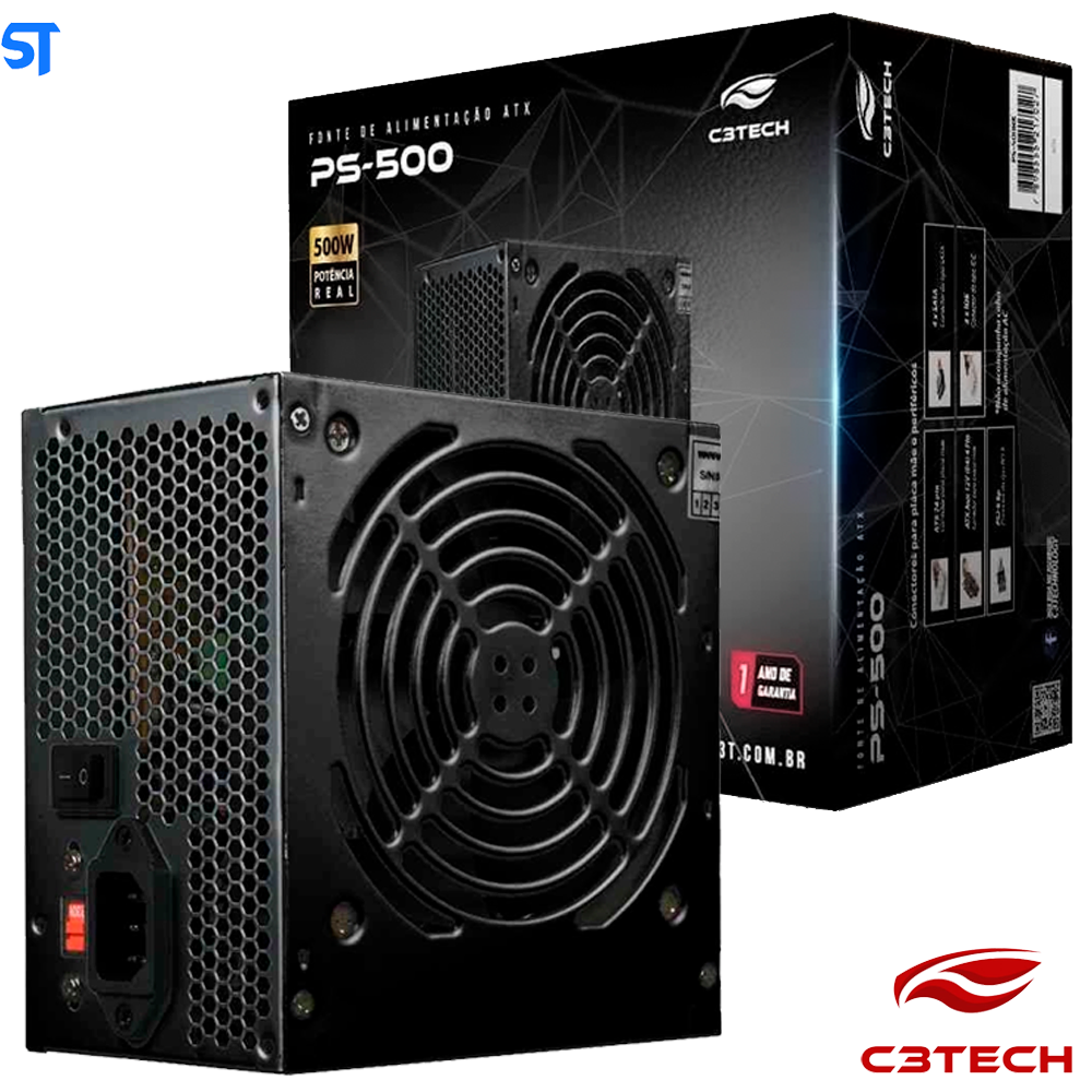 Fonte de Alimentação ATX C3Tech PS-500BK 500W Sem Cabo - Preto