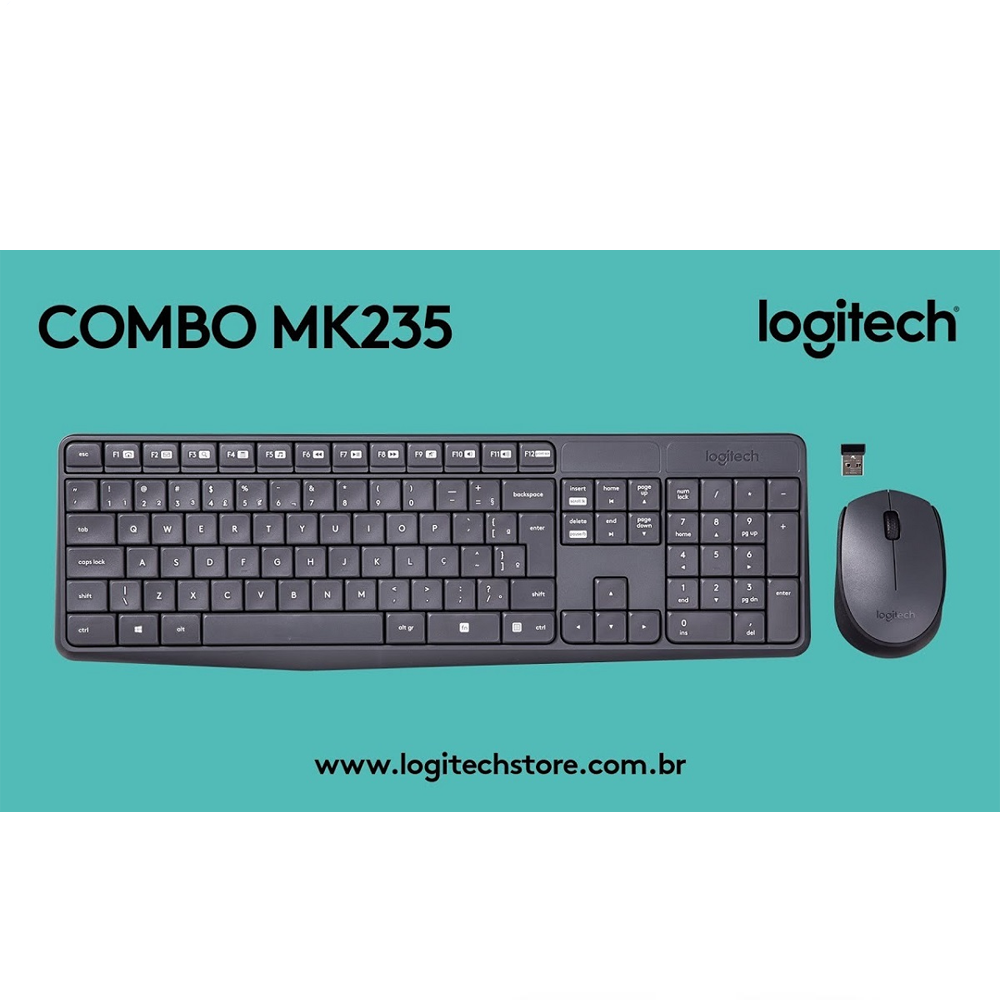 Teclado e Mouse Logitech MK235 Sem Fio Resistente à Água Cinza ABNT2